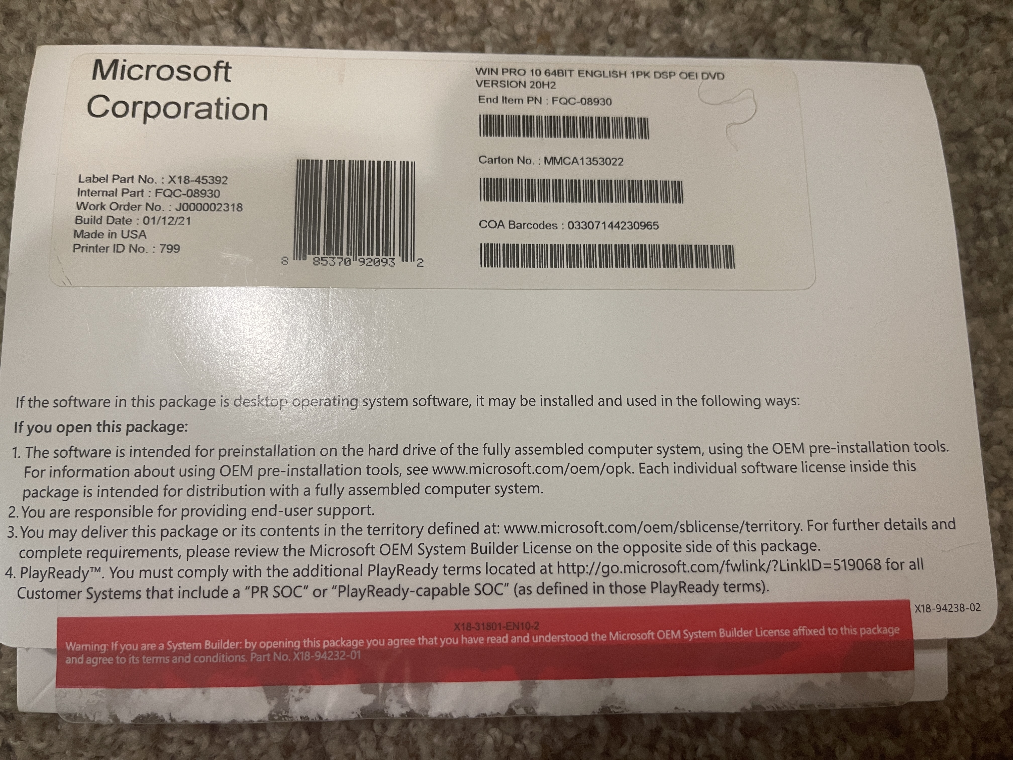 Windows 10 Pro DVD envelope